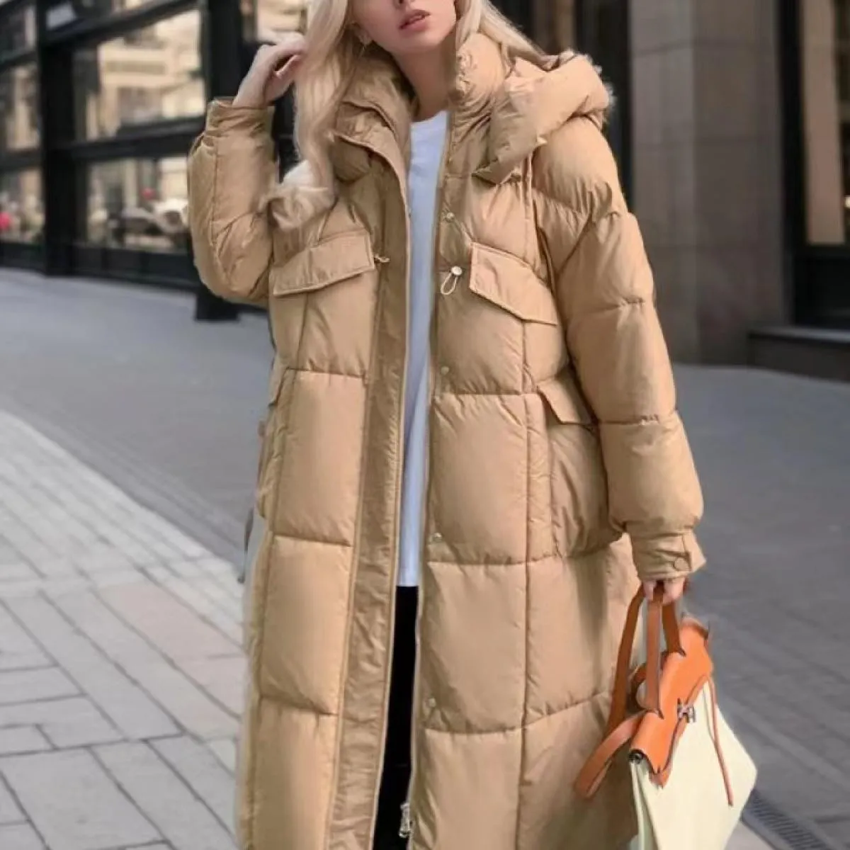 2023 Cappotto lungo con cappuccio lungo in cotone invernale 2023 Cerniera da donna allentata sotto le ginocchia Giacche ispessen