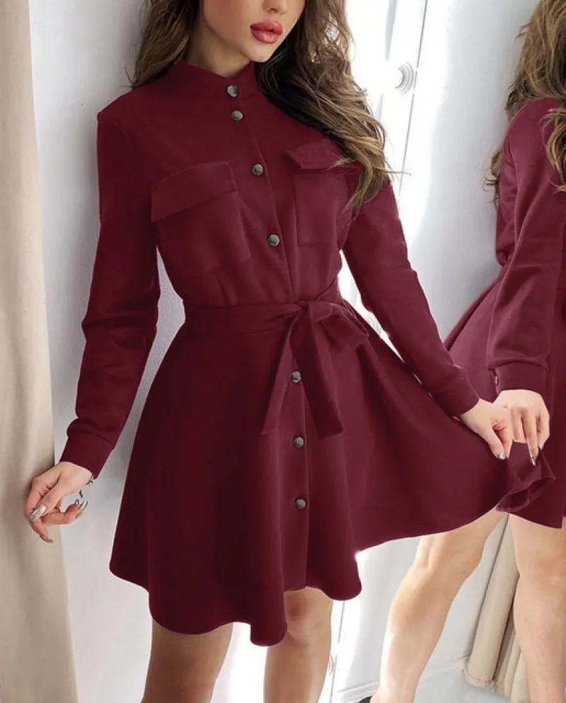 Abiti da donna con bottoni Colletto rialzato Abito a linea Mini Abiti da cerimonia nuziale a maniche lunghe con cintura Elegante