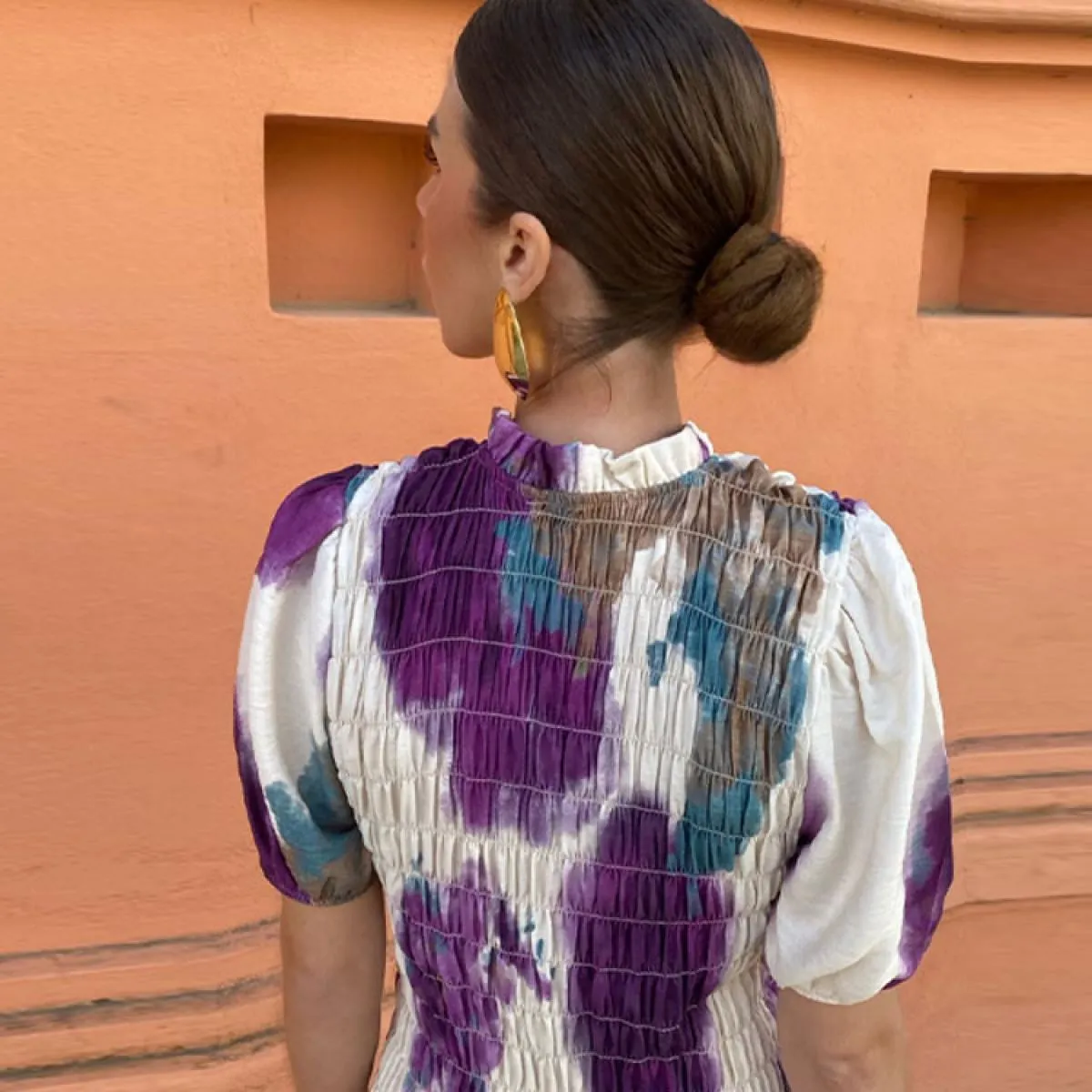 Abito da donna primaverile plissettato stampato a coda di pesce a contrasto Abito femminile con maniche corte a sbuffo con volan