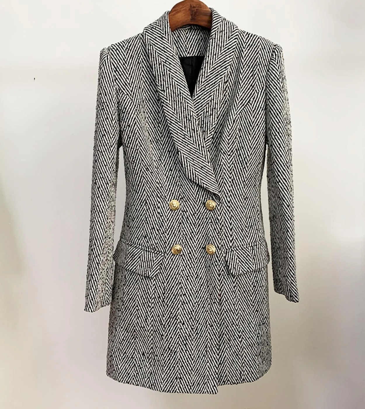 Alta qualità più recente autunno inverno 2022 cappotto firmato donna doppio petto leone bottoni misto lana a spina di pesce twee
