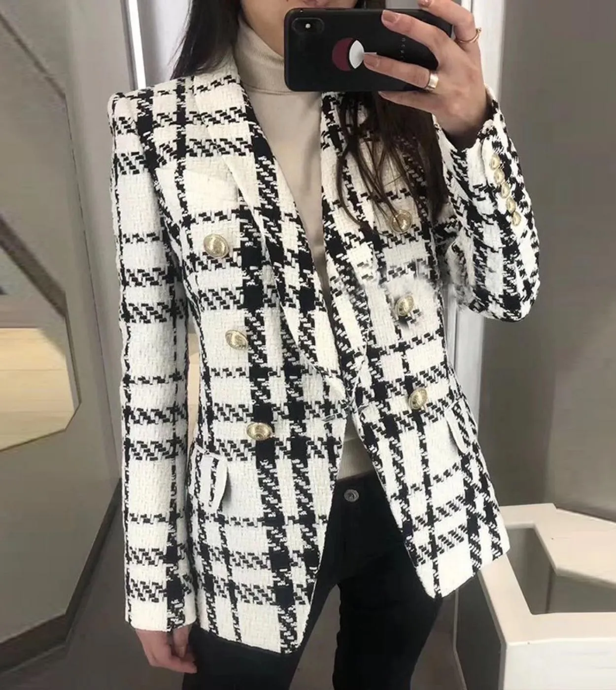 Blazer da donna in tweed scozzese di lana autunno inverno doppiopetto con bottoni collo a scialle cappotto giacca da donna