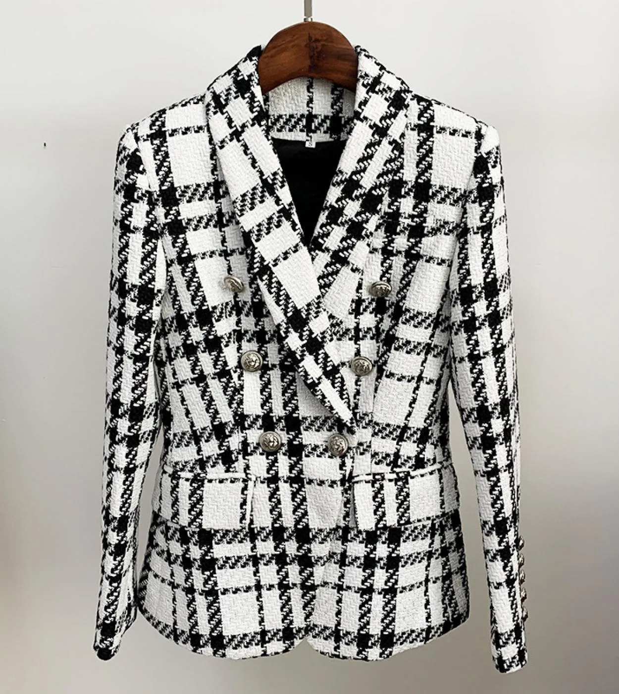 Blazer da donna in tweed scozzese di lana autunno inverno doppiopetto con bottoni collo a scialle cappotto giacca da donna