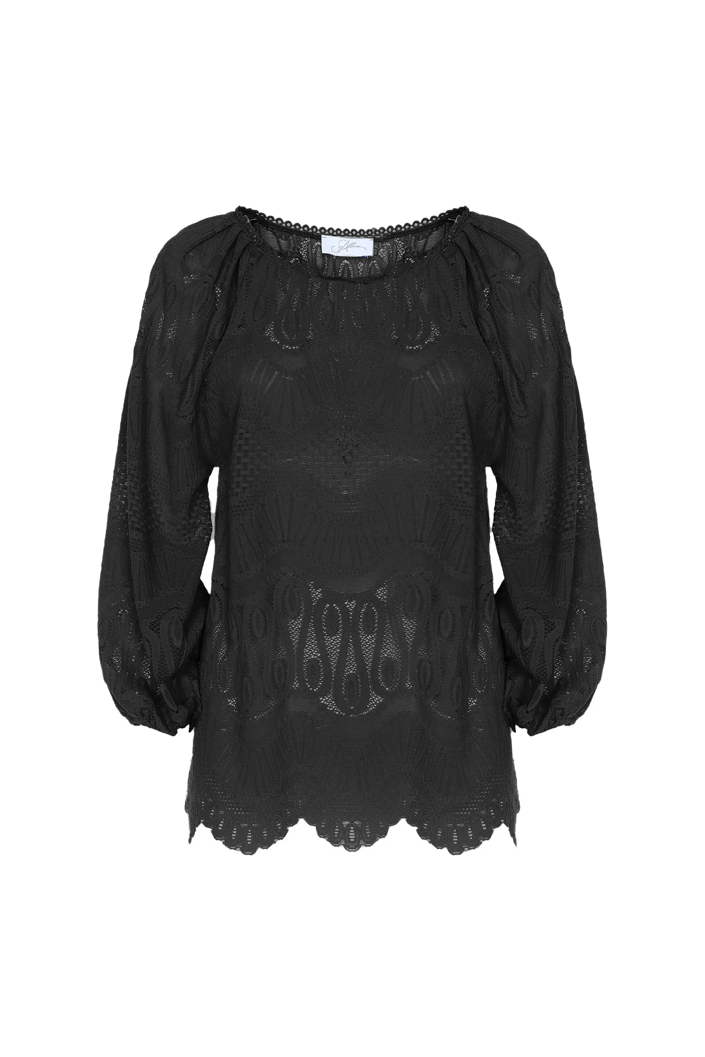 BLOUSE BOAT NECKLINE LONG SLEEVE LACE STRETCH