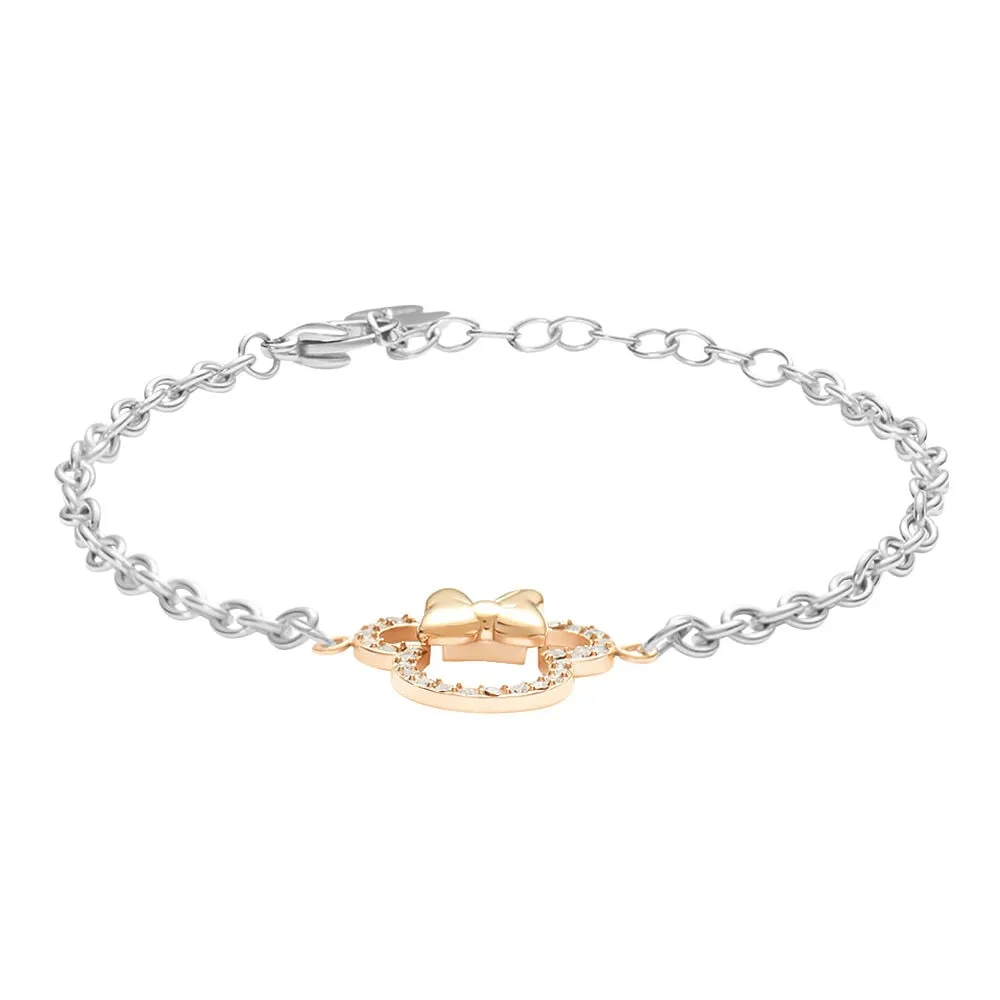 Bracciale Catena Minnie Mickey Mouse & Friends Acciaio Bicolore Bianco / Rosa Maglia Forzatina Cristallo Bianco 16 + 3 cm 168727