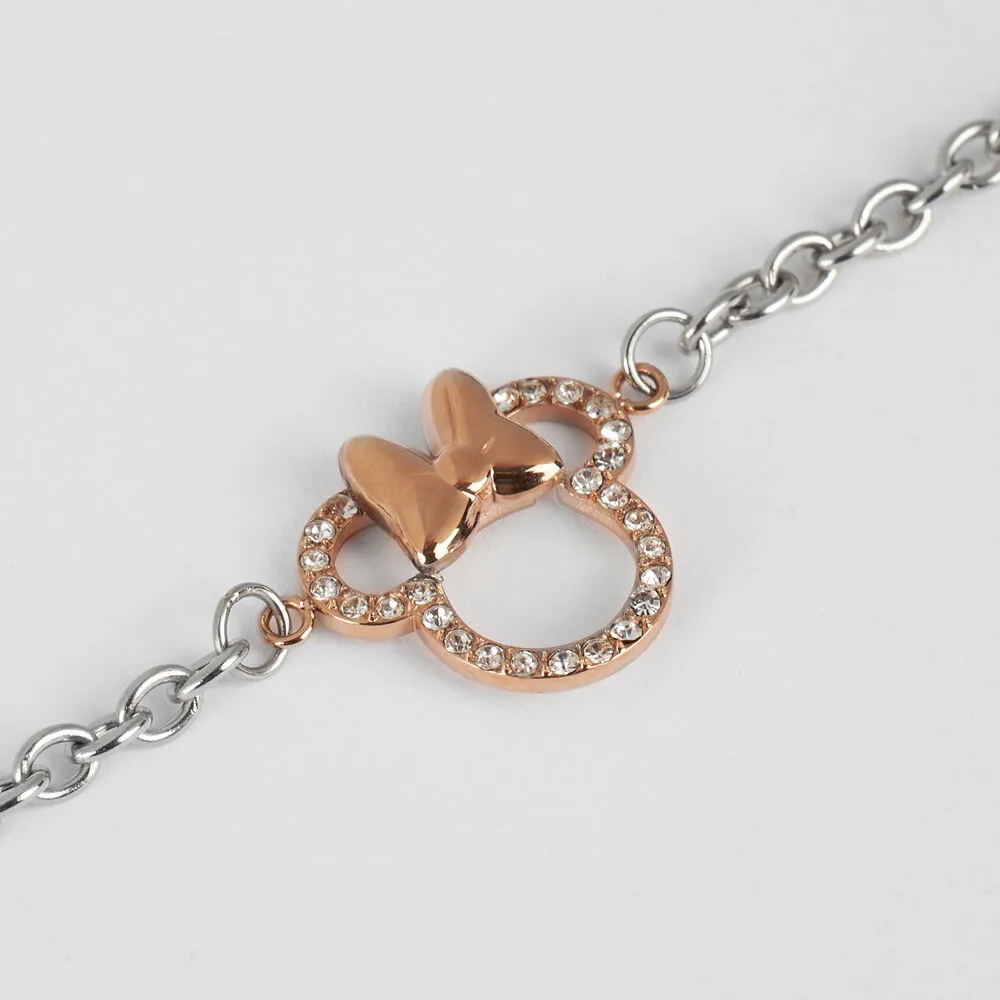 Bracciale Catena Minnie Mickey Mouse & Friends Acciaio Bicolore Bianco / Rosa Maglia Forzatina Cristallo Bianco 16 + 3 cm 168727