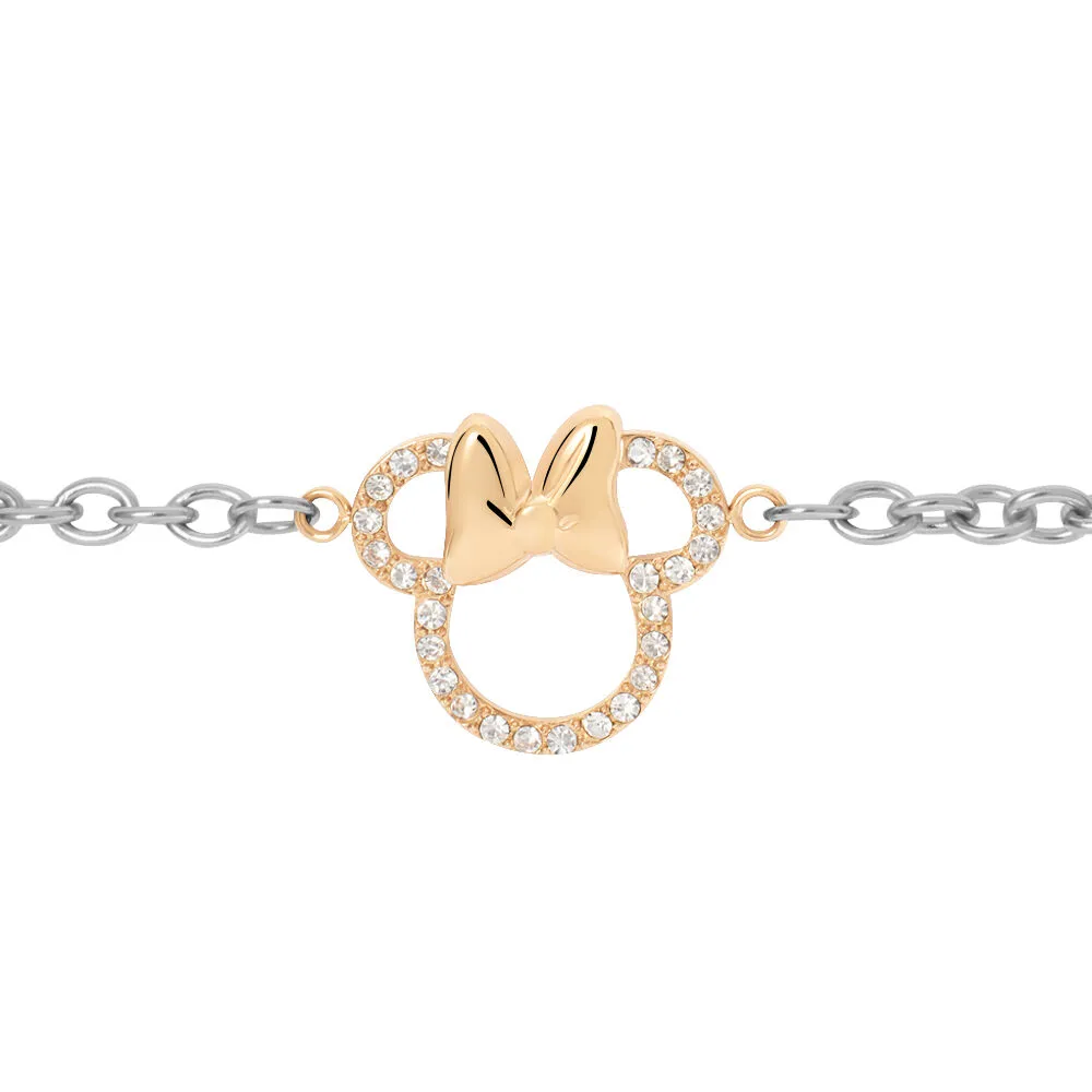 Bracciale Catena Minnie Mickey Mouse & Friends Acciaio Bicolore Bianco / Rosa Maglia Forzatina Cristallo Bianco 16 + 3 cm 168727