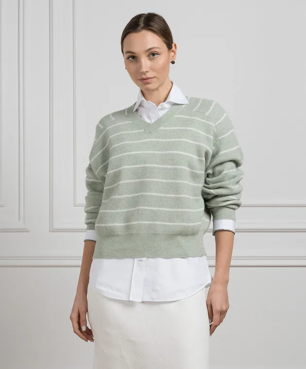 Brunello Cucinelli Maglione a righe verdi con lana MER137002