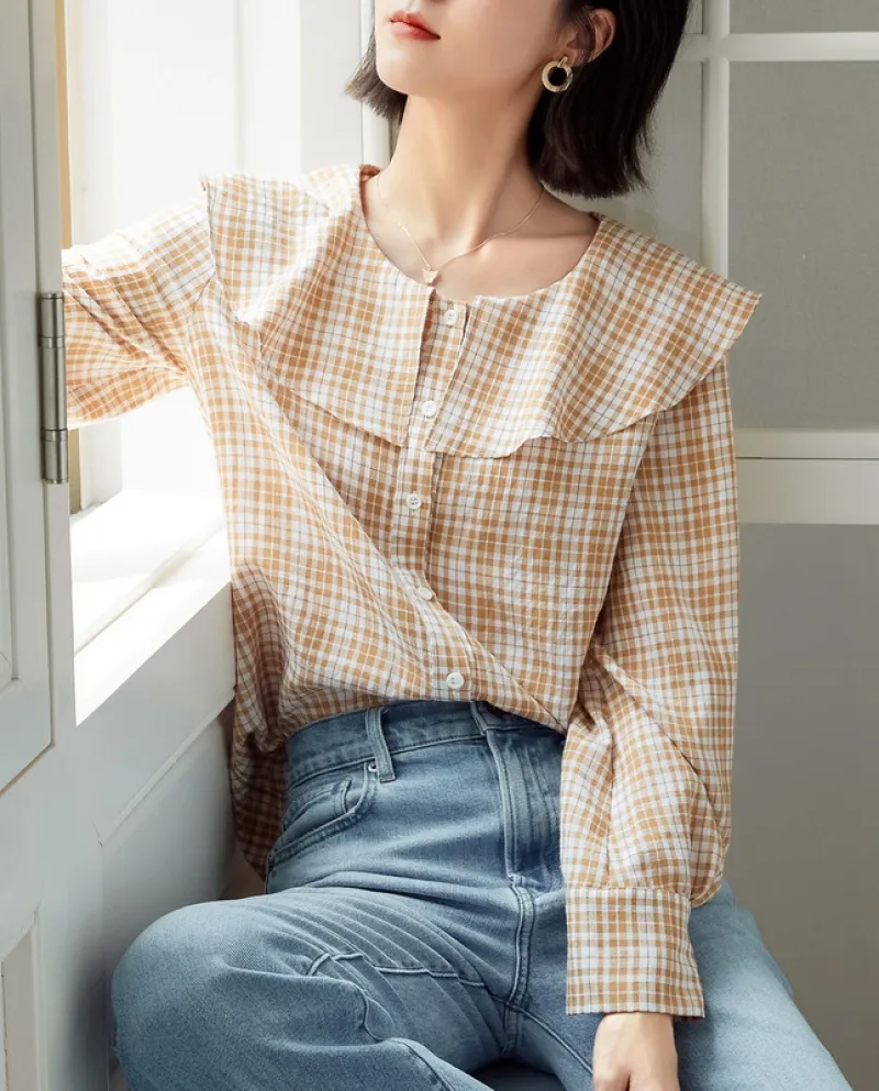 Camicia a quadri con collo a bambola Cardigan tutto-fiammifero da donna con nuovo temperamento autunnale