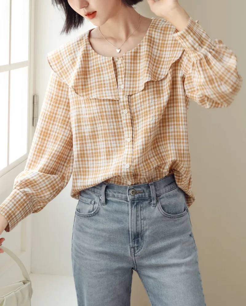Camicia a quadri con collo a bambola Cardigan tutto-fiammifero da donna con nuovo temperamento autunnale