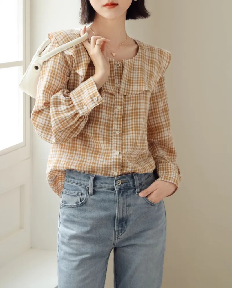 Camicia a quadri con collo a bambola Cardigan tutto-fiammifero da donna con nuovo temperamento autunnale