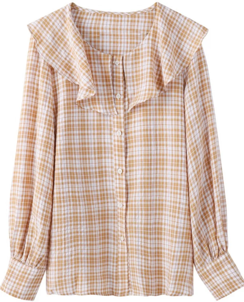 Camicia a quadri con collo a bambola Cardigan tutto-fiammifero da donna con nuovo temperamento autunnale