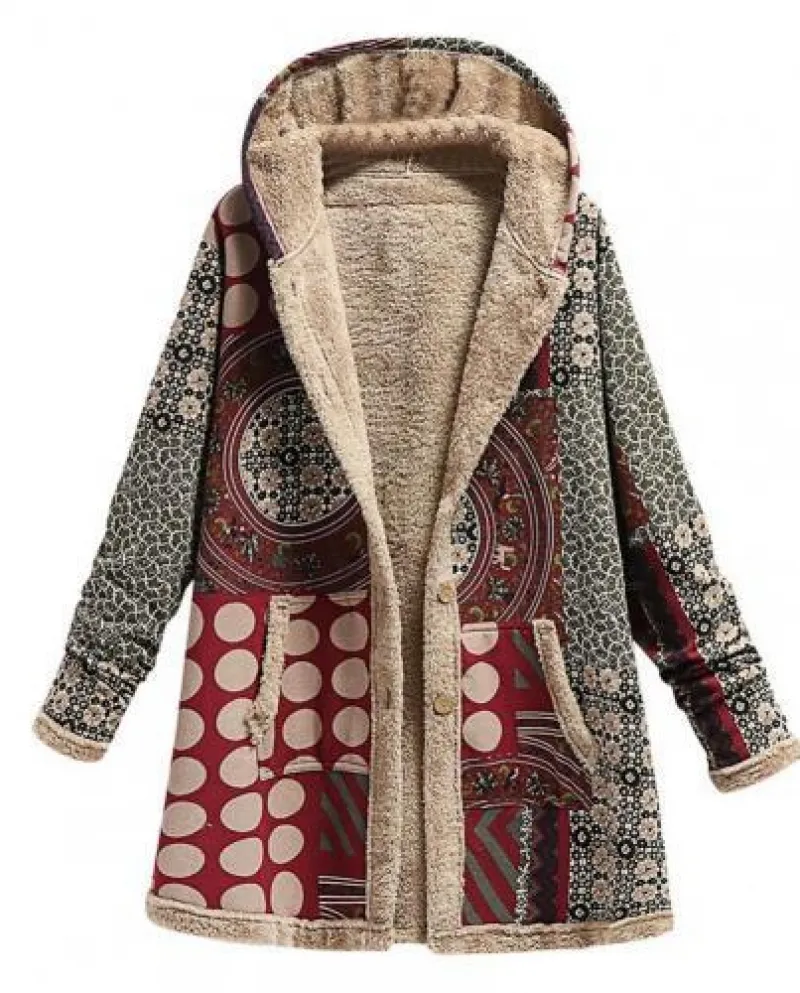 Cappotto da donna ispessito Tenere in caldo misto lana con cappuccio poliestere etnico