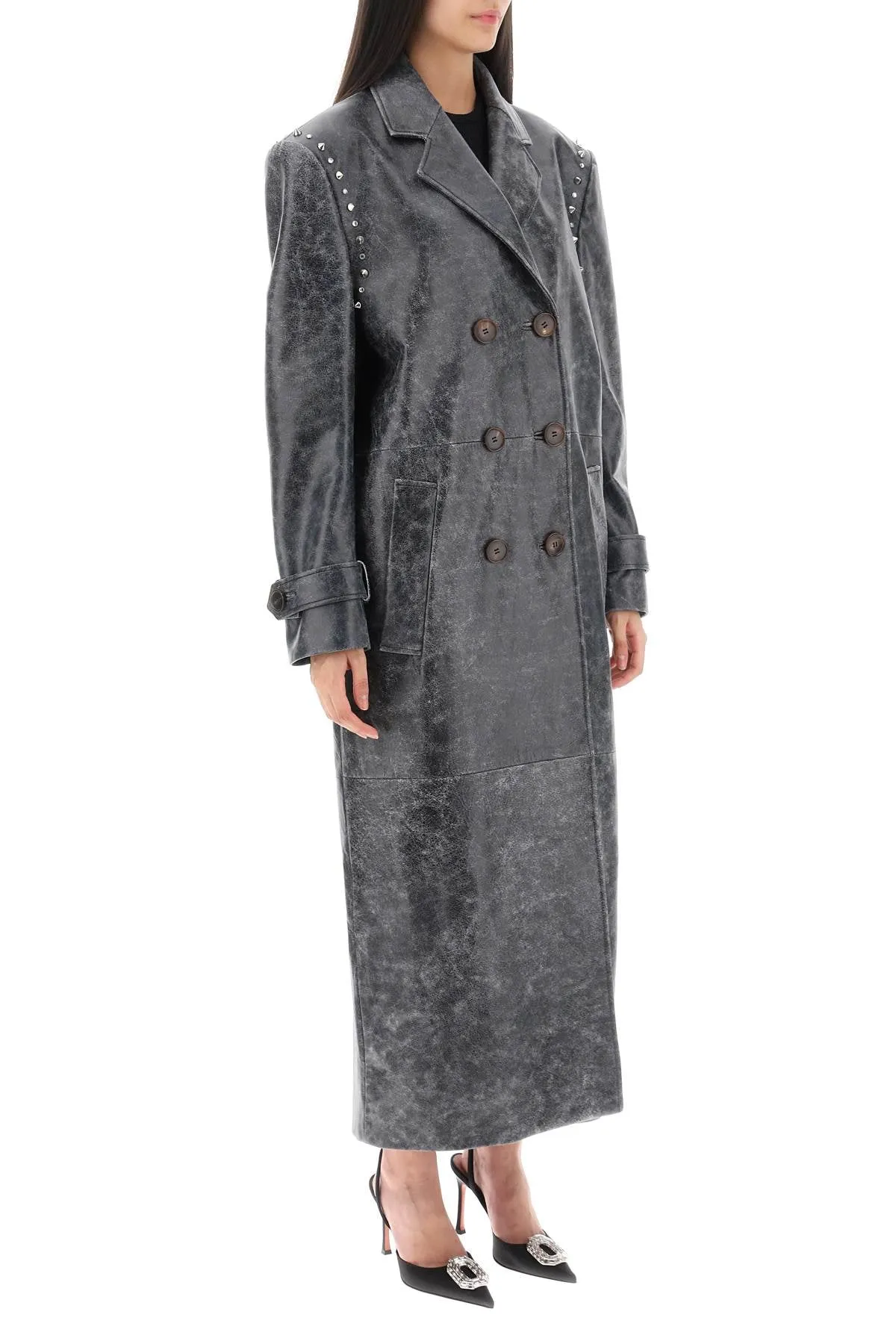 Cappotto Oversize In Pelle Con Borchie E Cristalli
