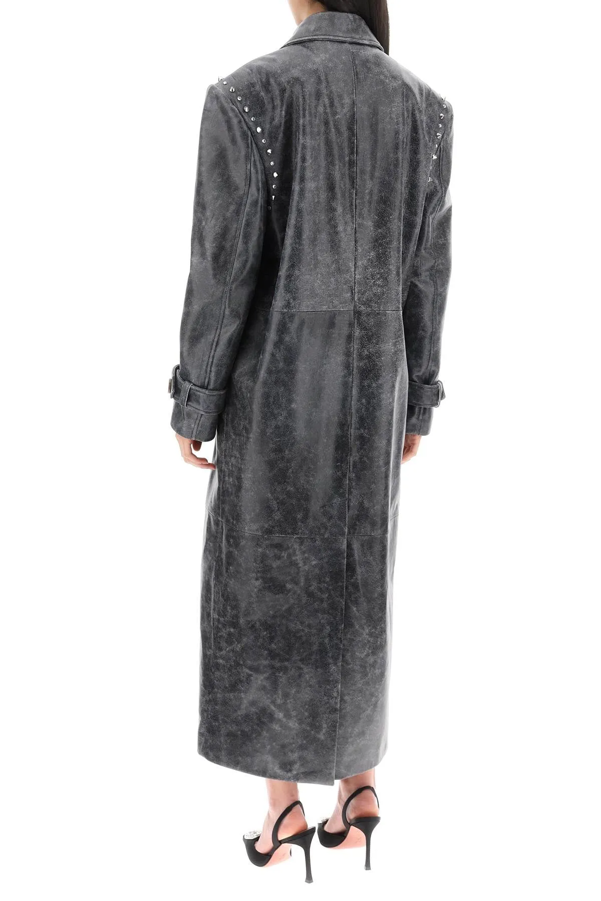Cappotto Oversize In Pelle Con Borchie E Cristalli