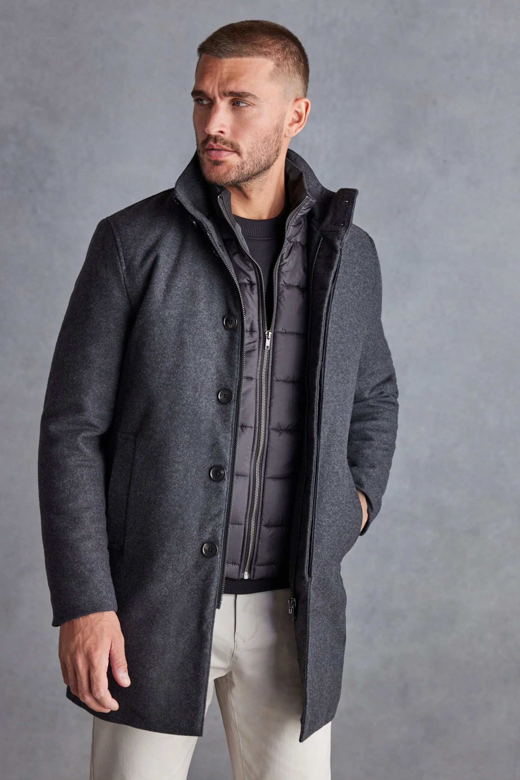 Grigio antracite  - Signature - Cappotto in Collo a imbuto misto lana italiana con gilet rimovibile