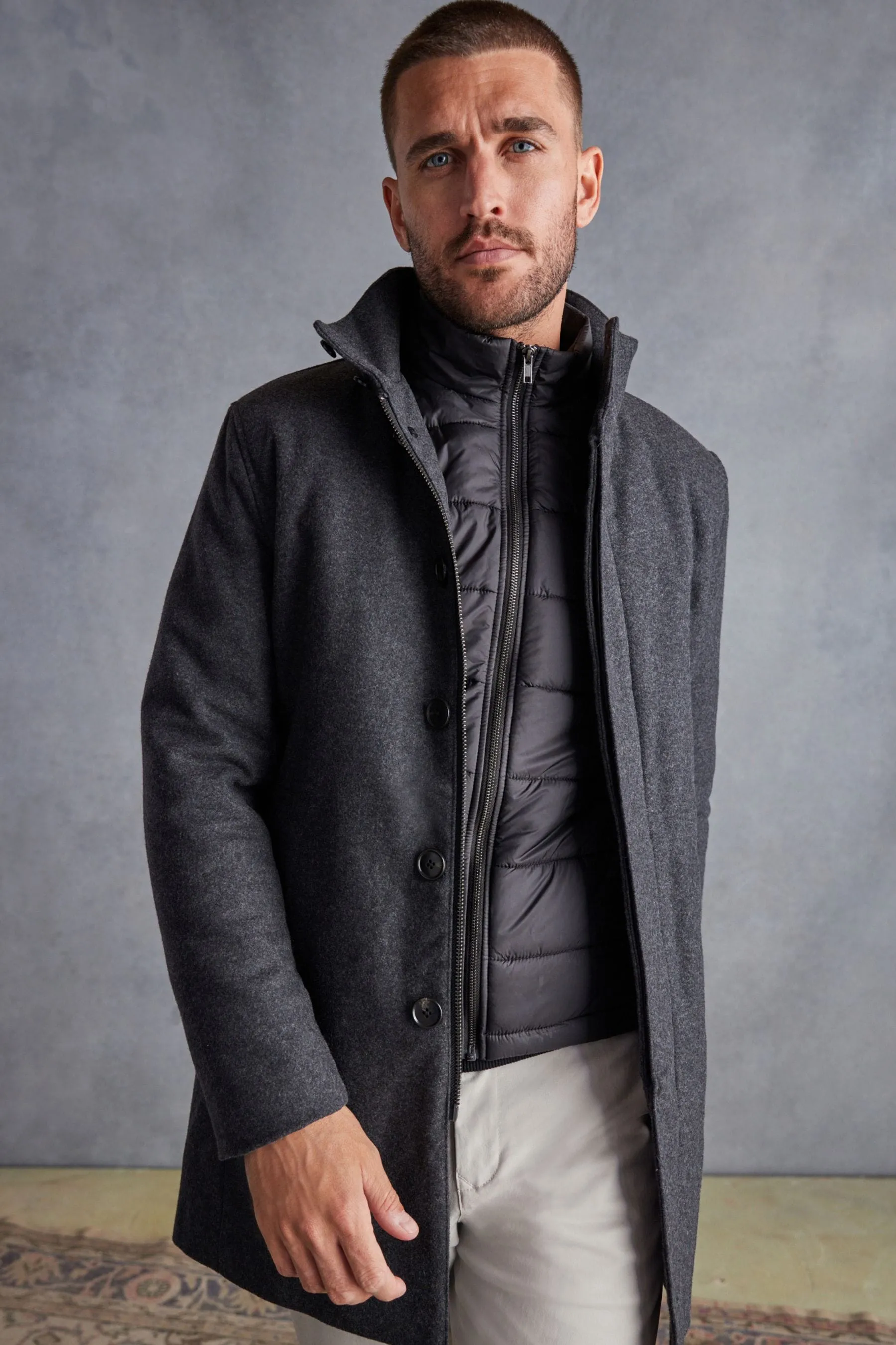 Grigio antracite  - Signature - Cappotto in Collo a imbuto misto lana italiana con gilet rimovibile