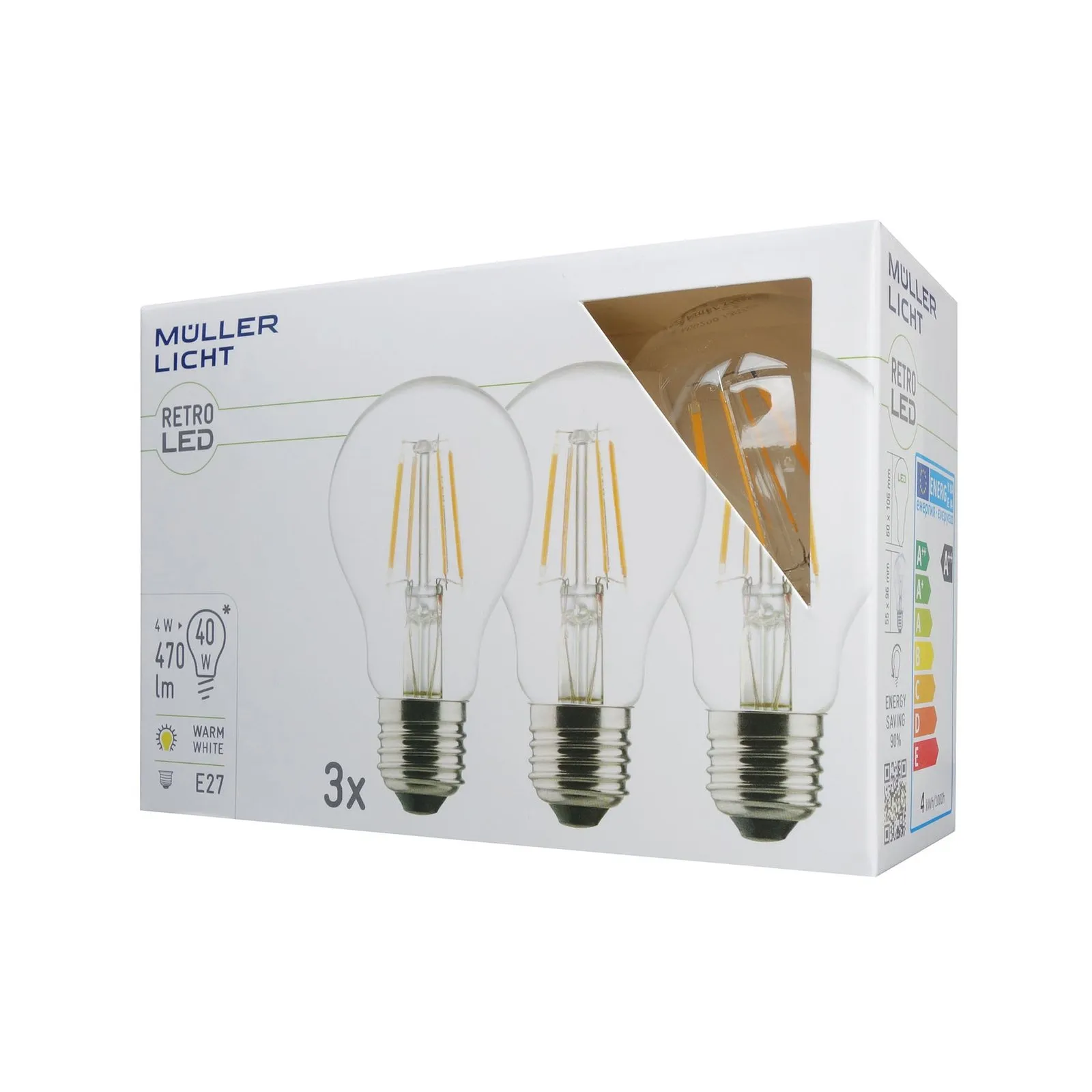 LED E27 4W 2.700K filamenti set 3x, 470lm