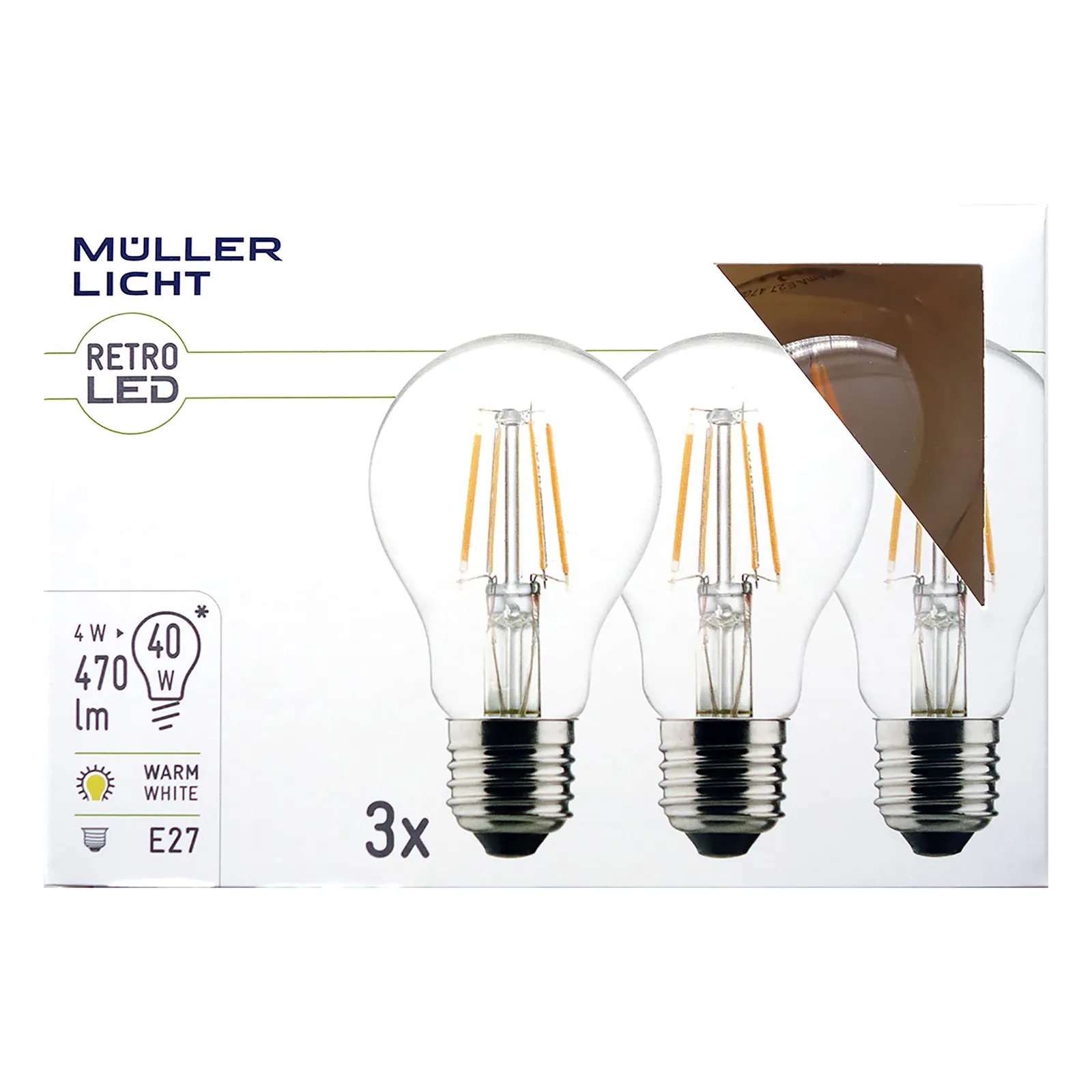 LED E27 4W 2.700K filamenti set 3x, 470lm