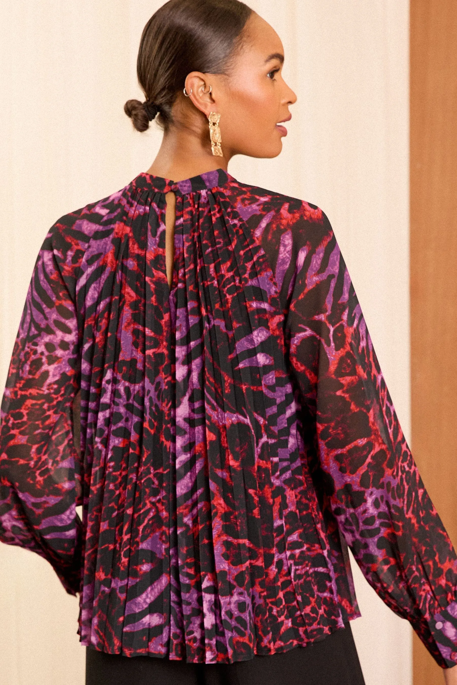 Love & Roses High Neck Pleated Long Sleeve Blouse    