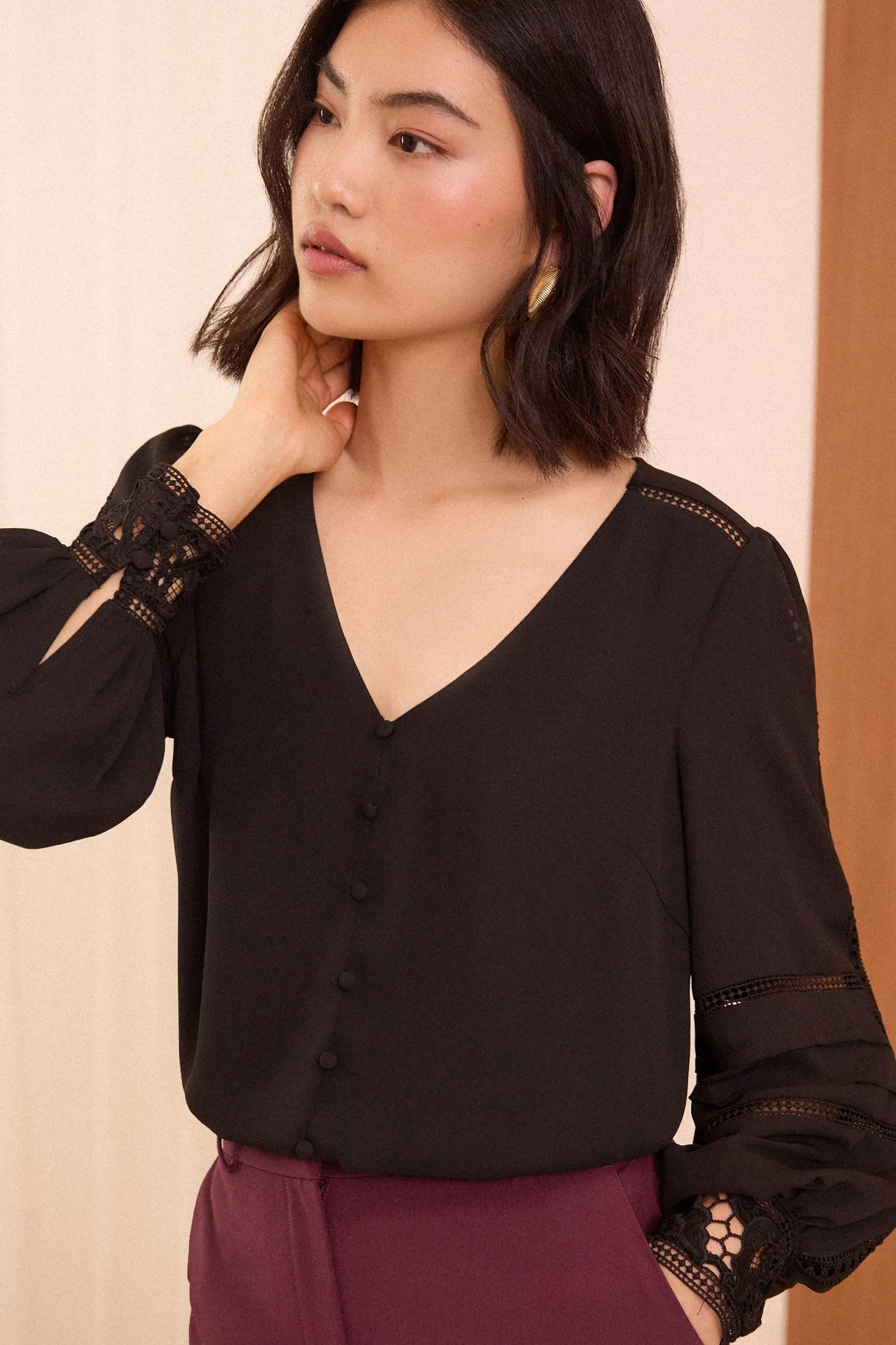 Love & Roses Lace Cuff V Neck Blouse    