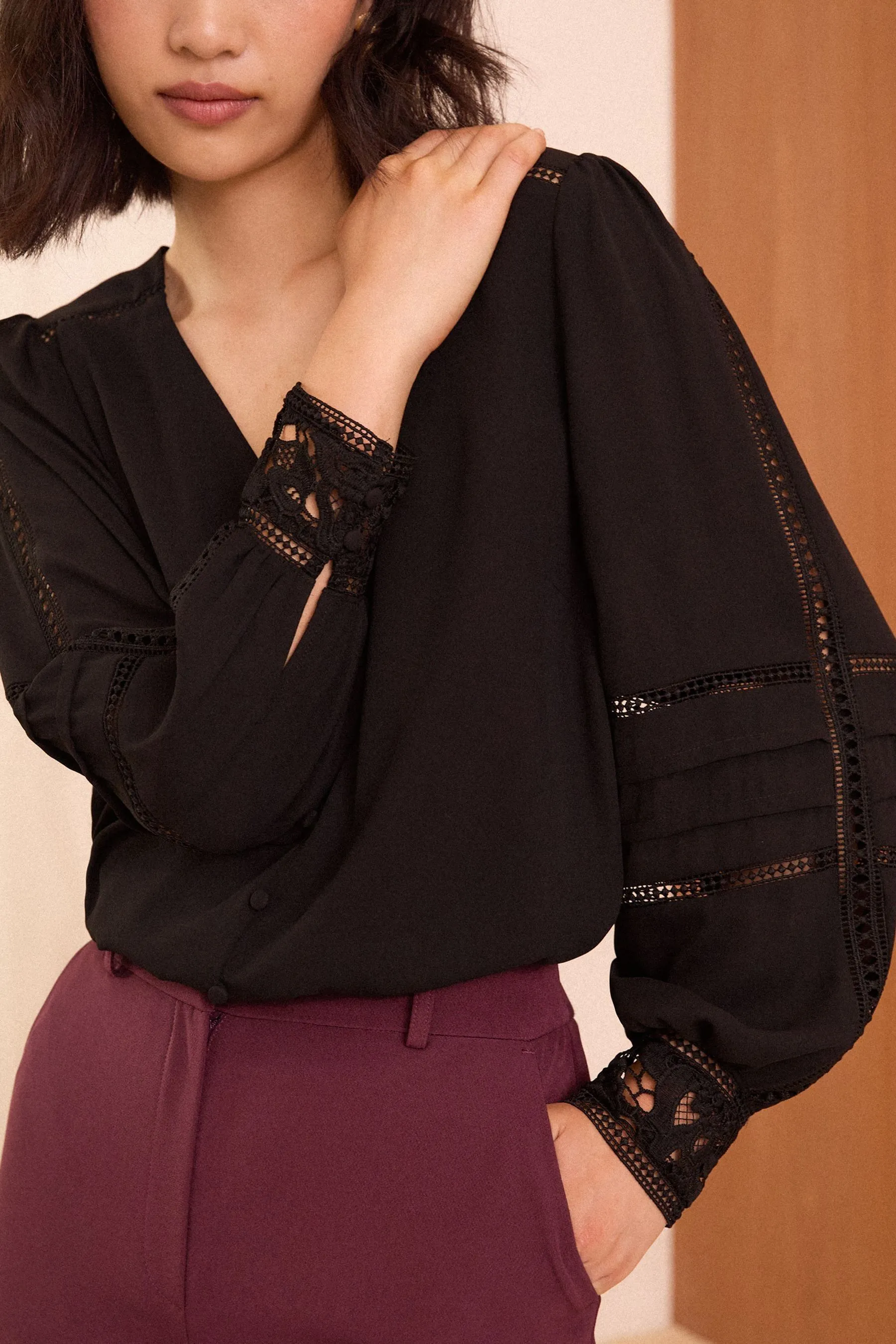 Love & Roses Lace Cuff V Neck Blouse    