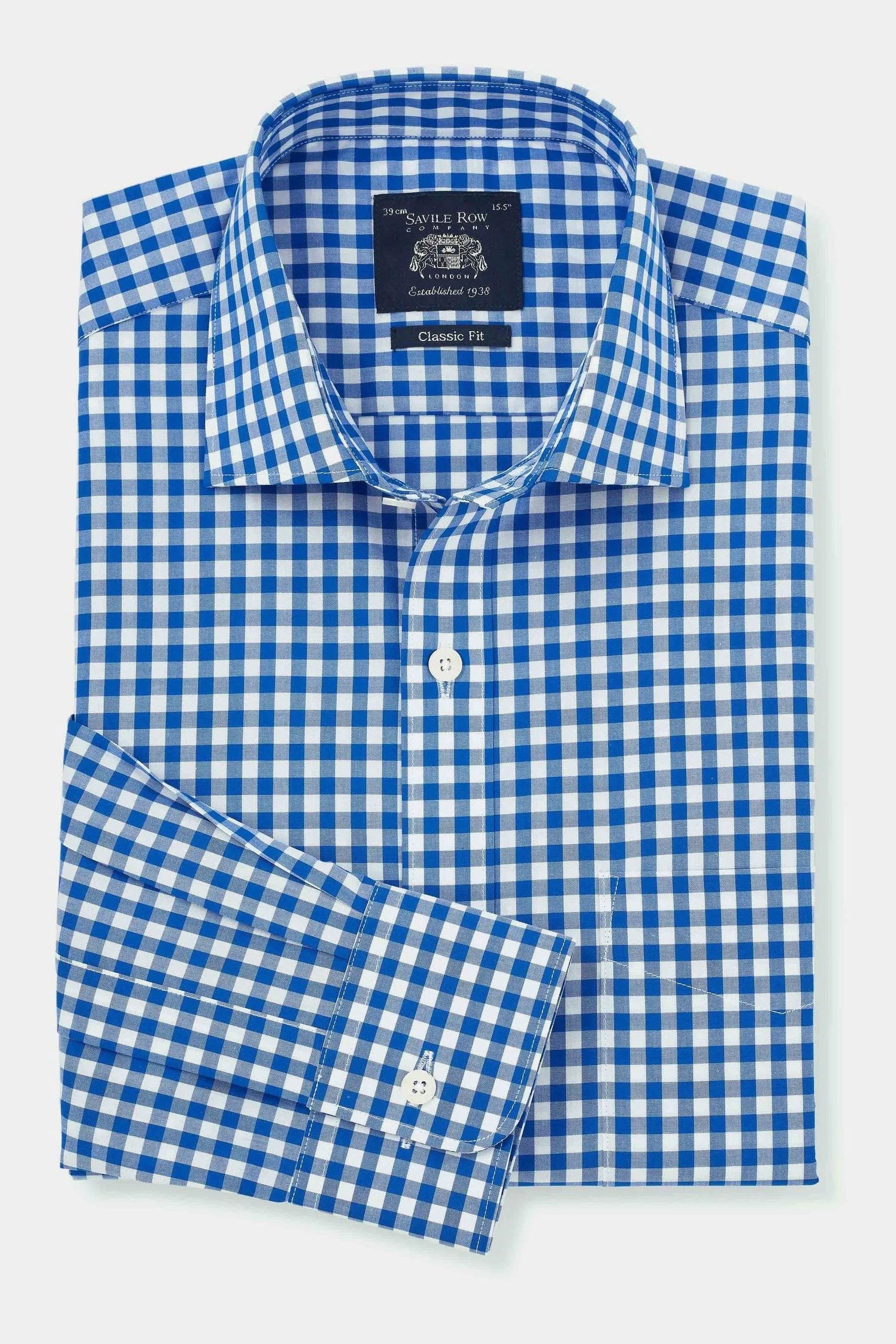 Savile Row Company - Blu - Camicia A quadri a quadretti con Formale polsino singolo