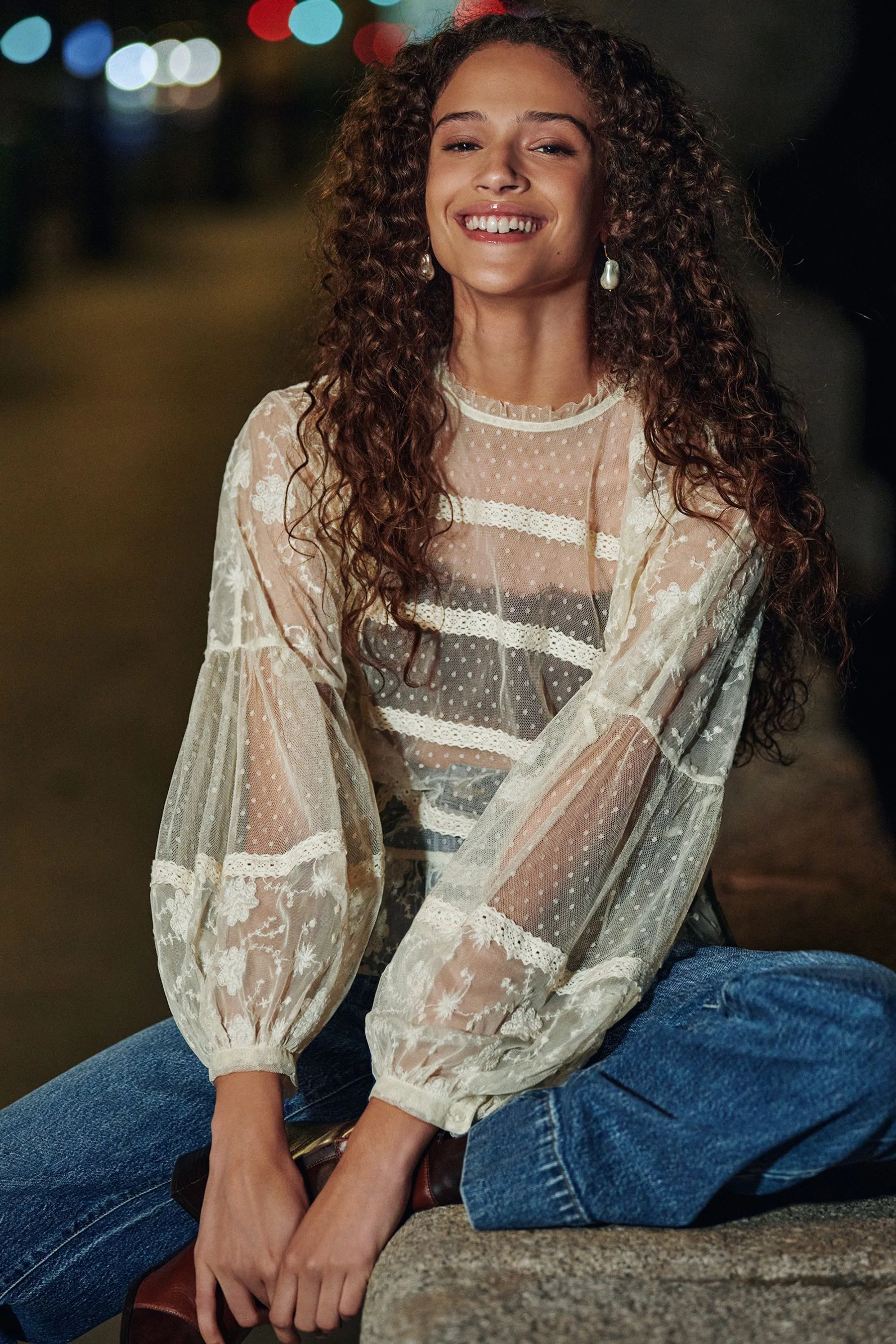 Sheer Lace High Neck Blouse    
