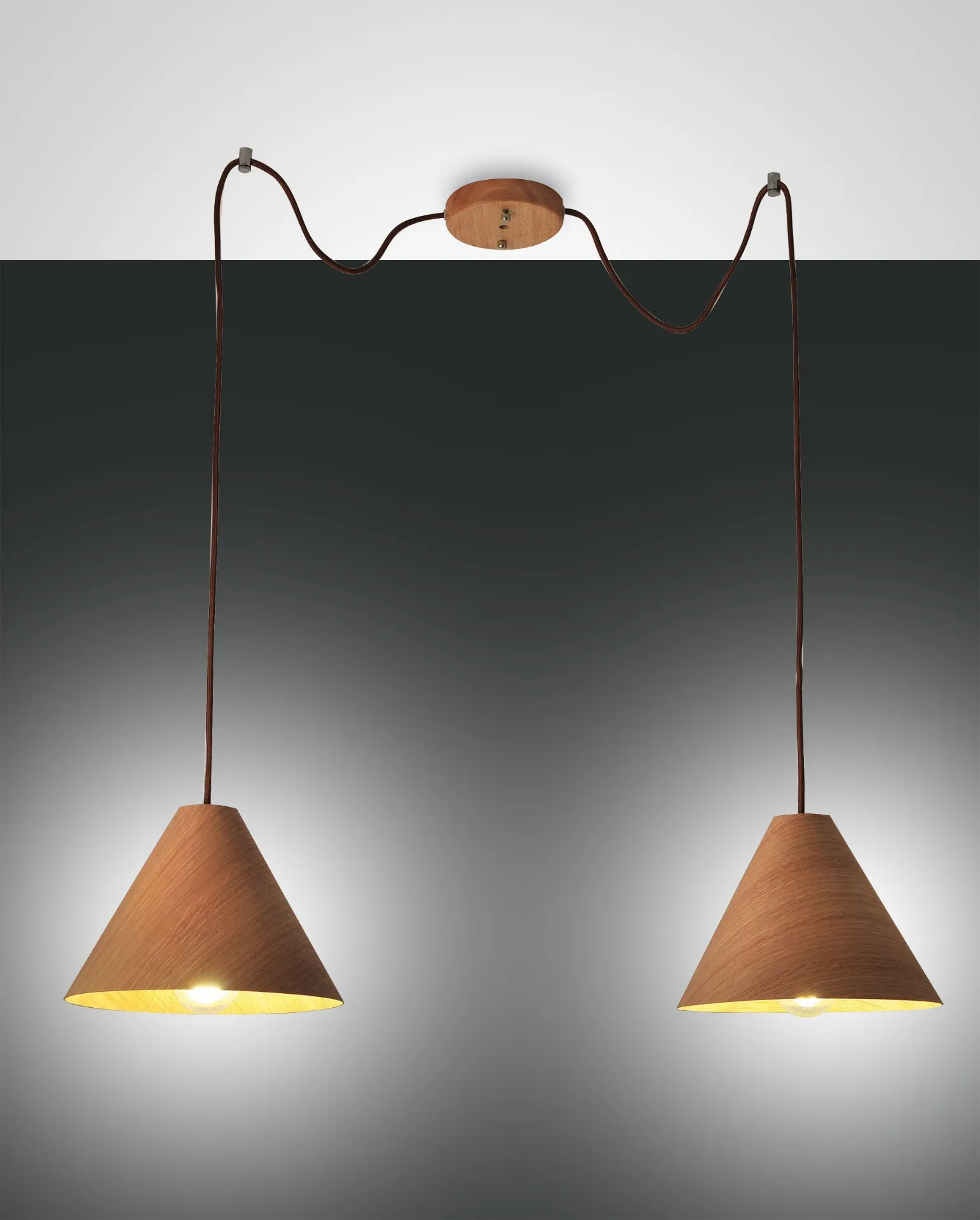 Sospensione Illuminazione Tavolo Doppio Cono Decentrato Legno Noce 2xE27 Esino Fabas
