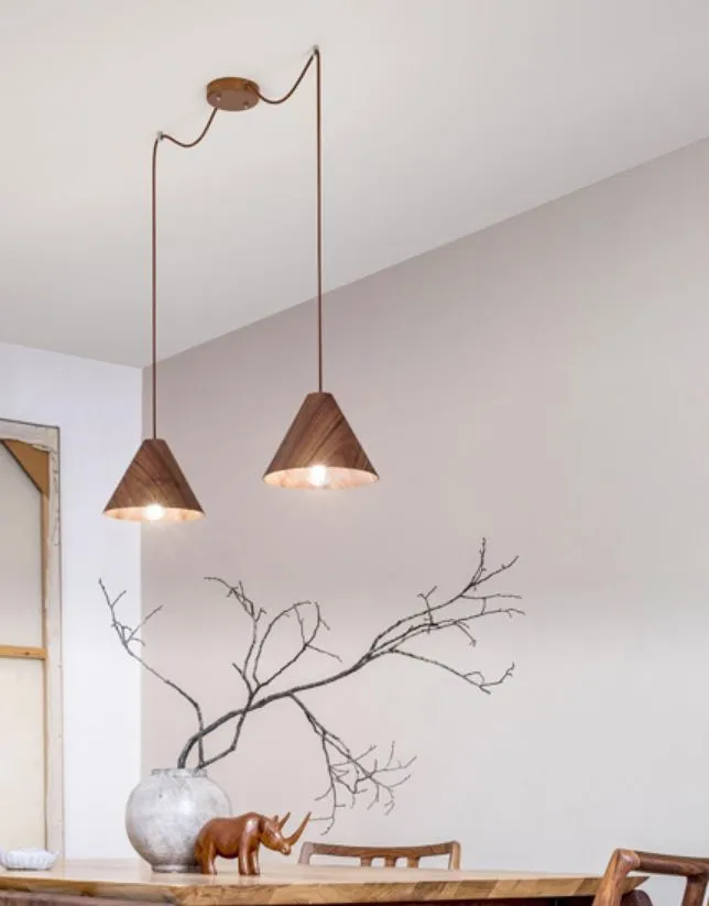 Sospensione Illuminazione Tavolo Doppio Cono Decentrato Legno Noce 2xE27 Esino Fabas
