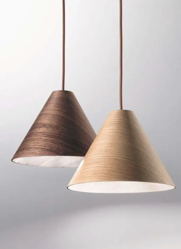 Sospensione Illuminazione Tavolo Doppio Cono Decentrato Legno Noce 2xE27 Esino Fabas