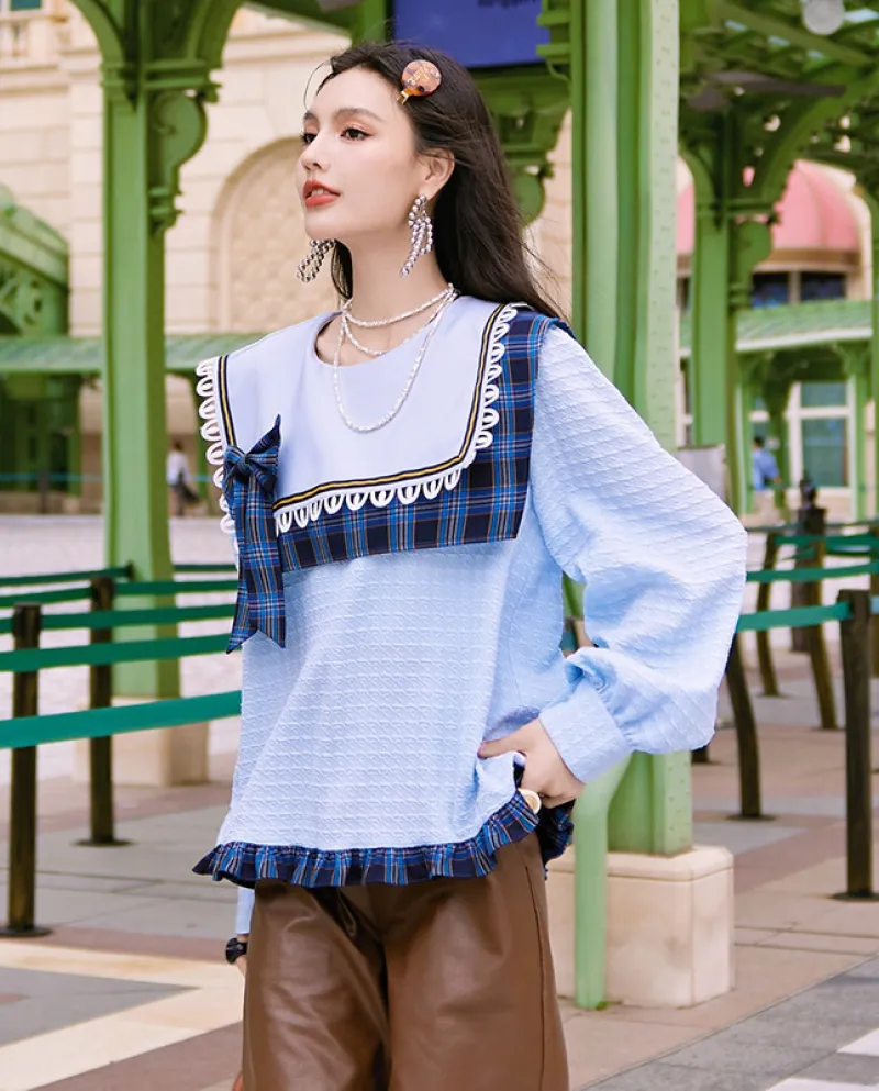 Top con colletto quadrato Inizio autunno Design Senso Abbigliamento da donna Camicia a quadri a colori a contrasto con cuciture