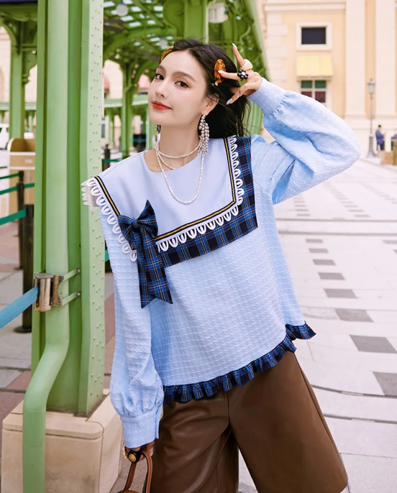 Top con colletto quadrato Inizio autunno Design Senso Abbigliamento da donna Camicia a quadri a colori a contrasto con cuciture