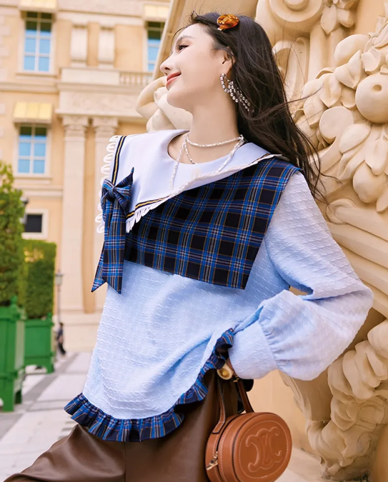 Top con colletto quadrato Inizio autunno Design Senso Abbigliamento da donna Camicia a quadri a colori a contrasto con cuciture