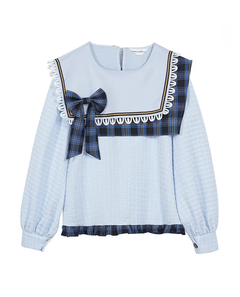 Top con colletto quadrato Inizio autunno Design Senso Abbigliamento da donna Camicia a quadri a colori a contrasto con cuciture