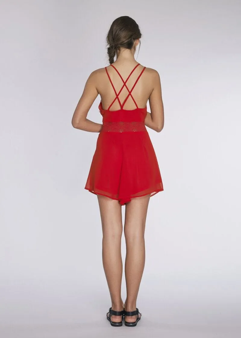 Tuta in chiffon con inserto in pizzo